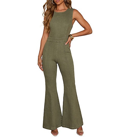 VICI Collection Crew Neck Sleeveless Front Seam Denim Flared Jumpsuit