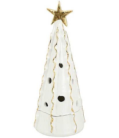 VIETRI Holiday Foresta Collection White Large Christmas Tree with Ribbon & Gold Star Figurine