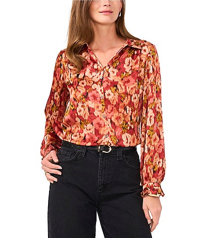 Vince Camuto Abstract Floral Woven Satin Yoryu Point Collar Long Blouson Sleeve Ruffle Cuff Back Yoke Shirttail Blouse