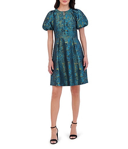 Vince Camuto Abstract Jacquard Round Keyhole Neck Short Balloon Sleeve Fit and Flare Mini Dress