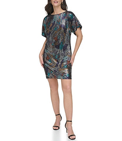 Vince Camuto Abstract Printed Disco Sequin Boat Neck Short Sleeve Sheath Dress