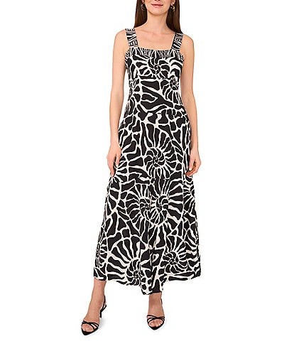 Vince Camuto Abstract Printed Square Neck Sleeveless Tiered Maxi Shift Dress