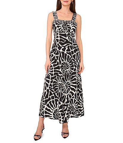 Vince Camuto Abstract Printed Square Neck Sleeveless Tiered Maxi Shift Dress