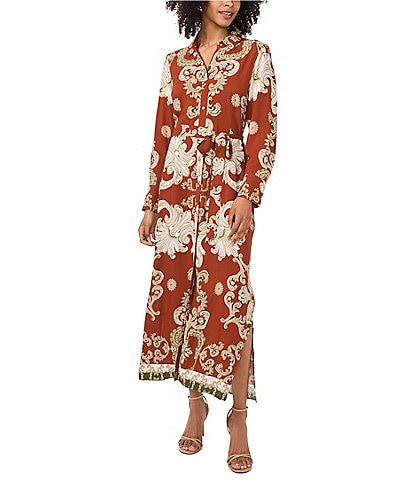 Vince Camuto Challis Rococo Seashell Print Point Collar Button Front Roll Tab Long Sleeve Belted Midi Shirt Dress