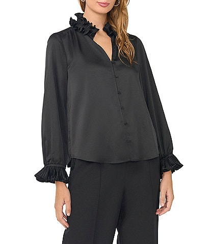 Vince Camuto Charmeuse Pleated Ruffle V-Neck Collar Blouse