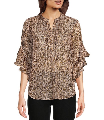 Vince Camuto Cheetah Print V-Neck 3/4 Flutter Sleeve Pintuck Button Front Foiled Chiffon Blouse