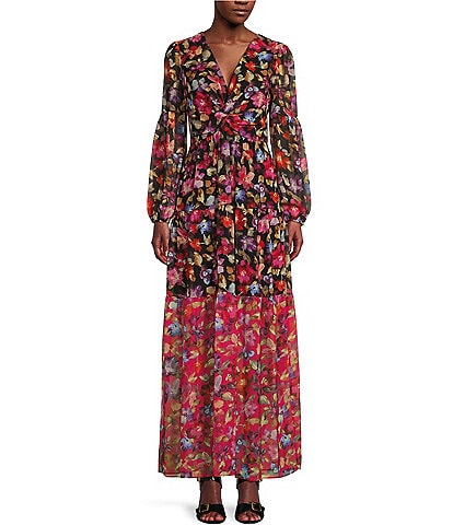 Vince Camuto Chiffon Floral Print V-Neck Long Sleeve Pocketed A-Line Maxi Dress