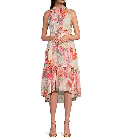 Vince Camuto Chiffon Lurex Floral Print Halter Neck Sleeveless Side Pocket High-Low Tiered A-Line Midi Dress