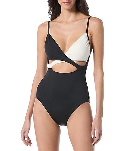 Vince Camuto Color Block V-Neck Cross Front Tank One Piece Swimsuit