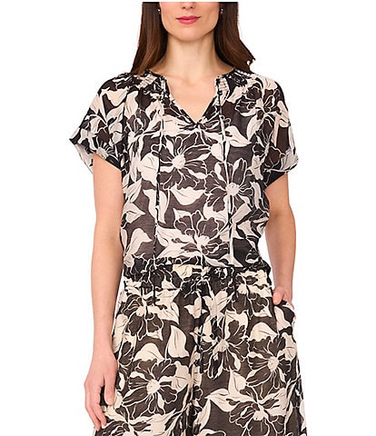 Vince Camuto Coordinating Split Round Neck Flutter Sleeve Tie Front Blouse