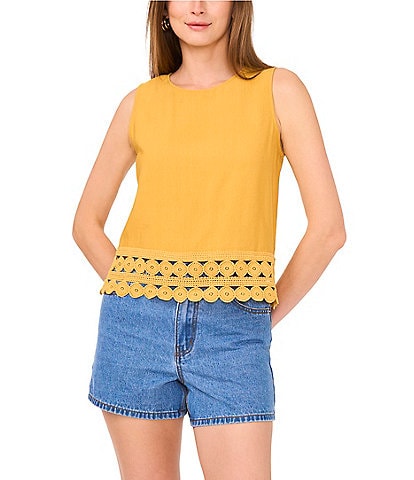 Vince Camuto Coordinating Woven Crew Neck Sleeveless Lace Hem Blouse