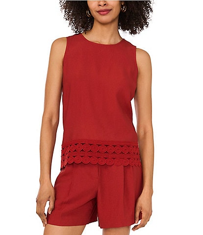 Vince Camuto Coordinating Woven Crew Neck Sleeveless Lace Hem Blouse