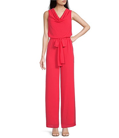 Vince Camuto Cowl Neck Chiffon Sleeveless Tie Belted Straight Leg Jumpsuit