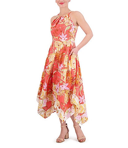 Vince Camuto Crepe de Chine Floral Print Halter Neck Sleeveless Handkerchief Hem A-Line Pocketed Midi Dress