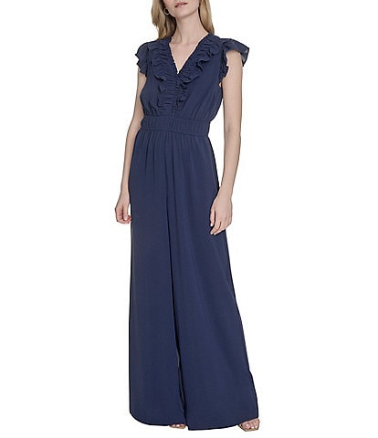 Vince Camuto Crepe V-Neck Ruffle Sleeve Jumpsuit