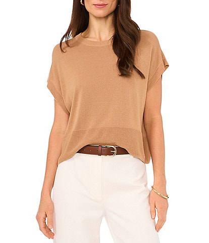 Vince Camuto Crew Neck Dropped Shoulder Short Sleeve Ribbed Trim Knit Sweater