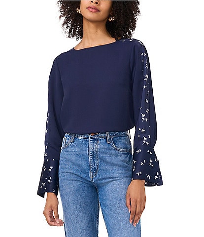 Vince Camuto Crew Neck Long Floral Sleeve Split Button Cuff Blouse