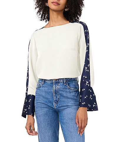 Vince Camuto Crew Neck Long Floral Sleeve Split Button Cuff Blouse