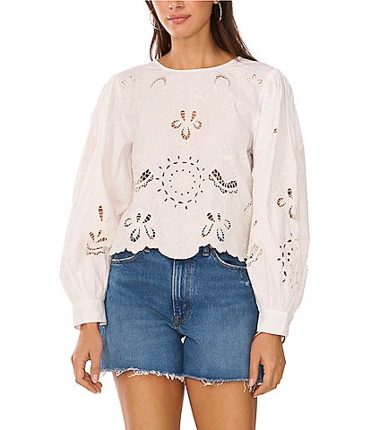 Vince Camuto Crew Neck Long Sleeve Embroidered Blouse