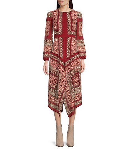Vince Camuto Printed Crew Neck Long Sleeve Drape Hem Midi Dress