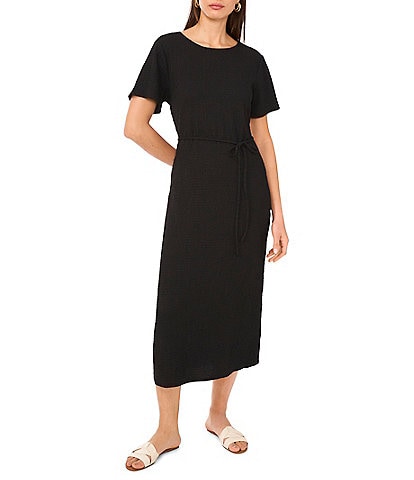Vince Camuto Crew Neck Short Sleeve Belted Midi Shirt Dress