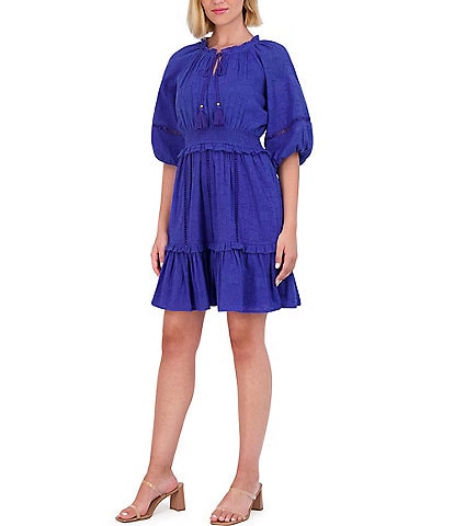 Vince Camuto Crew Neck Tie Front Elbow Length Puffed Sleeve Dress