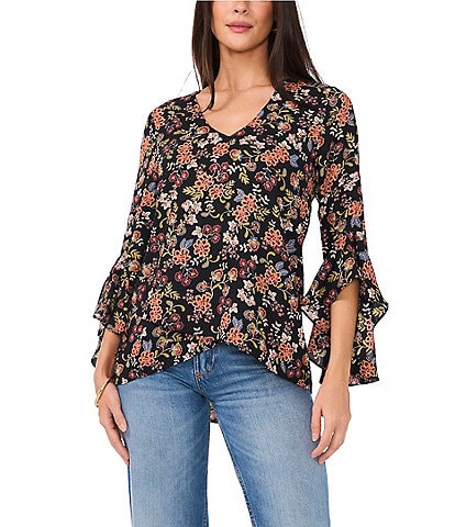 Vince Camuto Ditsy Floral Woven Georgette V-Neck 3/4 Flutter Sleeve SharkBite Blouse