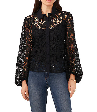 Vince Camuto Eyelet Point Collar Long Puff Sleeve Lace Button Front Blouse