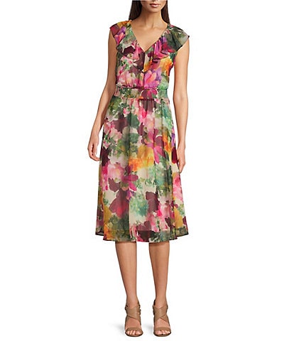 Vince Camuto Floral Chiffon V-Neck Sleeveless Smocked Waist Fit and Flare Midi Dress