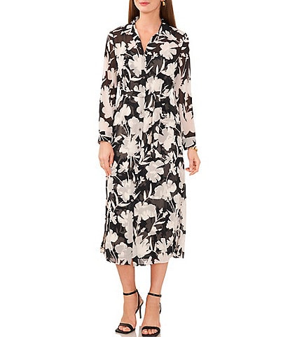 Vince Camuto Floral Petal Print Point Collar Long Sleeve Button Front Belted Yoryu Midi Shirt Dress