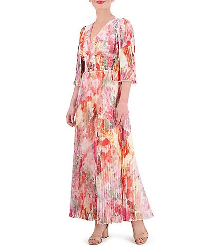 Vince Camuto Floral Print Chiffon V-Neck Short Sleeve Pleated Maxi Dress