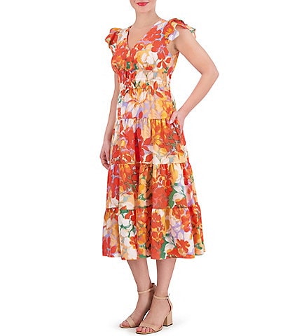 Vince Camuto Floral Print Crepe de Chine V-Neck Ruffle Cap Sleeve A-Line Midi Dress