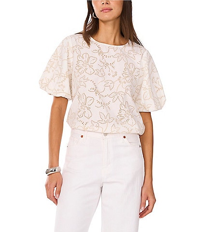 Vince Camuto Floral Print Crew Neck Short Puff Sleeve Blouse