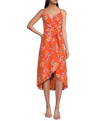 Vince Camuto Floral Print Sleeveless Chiffon High-Low Hem Wrap Midi Dress