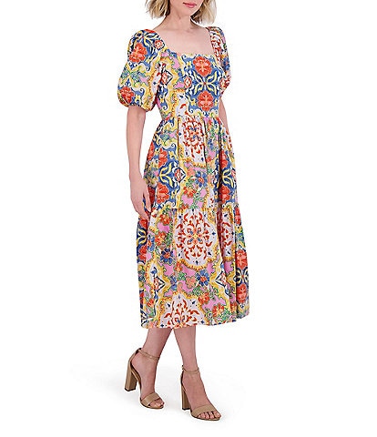 Vince Camuto Floral Print Square Neck Short Puff Sleeve A-Line Midi Dress