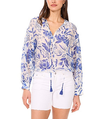 Vince Camuto Floral Print V-Neck Long Sleeve Blouse