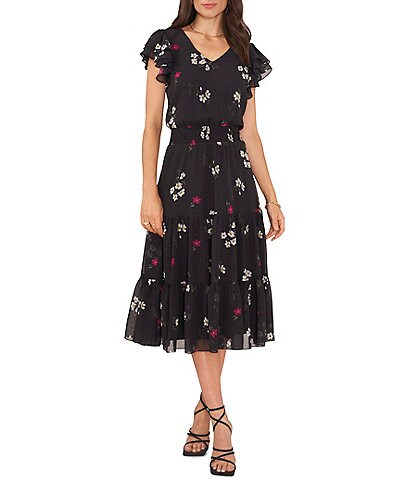 Vince Camuto Floral Print V-Neck Ruffle Short Sleeve Tiered Midi Dress