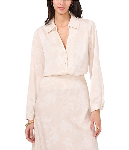 Vince Camuto Floral Woven Charmeuse Point Collar V-Neck Long Blouson Sleeve Cropped Blouse