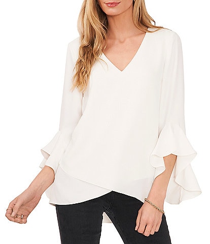 Calvin Klein Solid Crepe de Chine Split V-Neck Long Sleeve Blouse