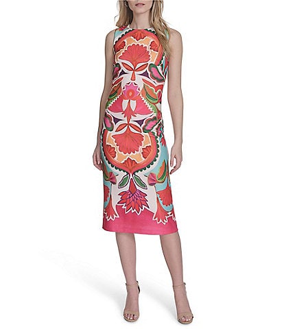 Vince Camuto Geo Print Boat Neck Sleeveless Midi Bodycon Midi Dress