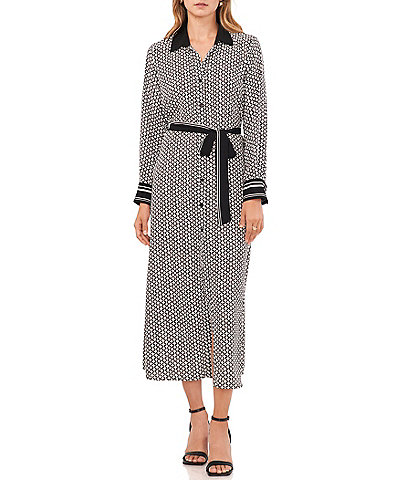 Vince Camuto Geometric Print Point Collar Long Cuffed Sleeve Heavy Georgette Button Front Midi Shirt Dress