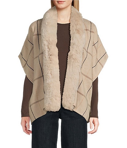 Grid Plaid Topper with Fur Collar