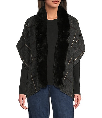 Vince Camuto Grid Plaid Topper with Fur Collar