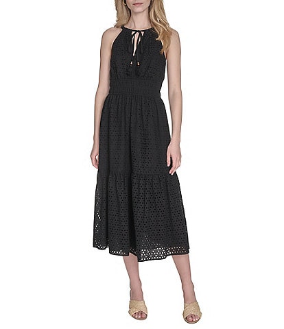 Vince Camuto Halter Neck Sleeveless Embroidered Midi Dress