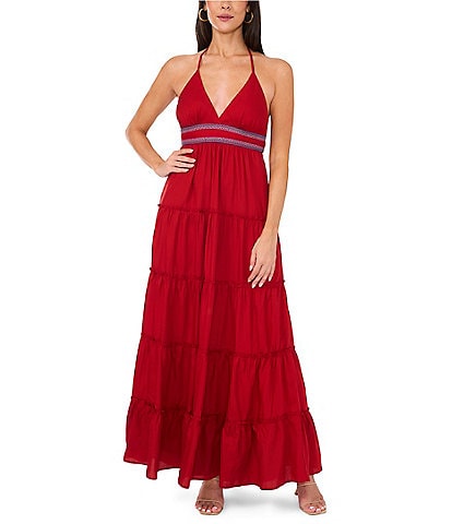 Vince Camuto Halter V Neckline Tie Back Tiered Maxi Dress