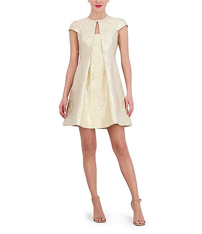 Vince Camuto Jacquard Floral Print Crew Neck Cap Sleeve Front Cut-Out Fit and Flare Pocketed Dress