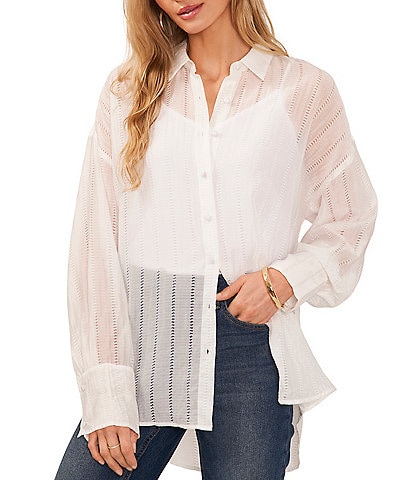 Vince Camuto Jacquard Gauze Point Collar Long Cuffed Sleeve Button Front Shirt