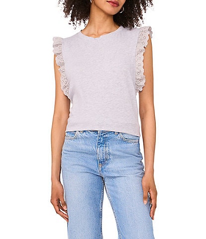 Vince Camuto Knit Crew Neck Ruffle Sleeve Eyelet Trim Tee