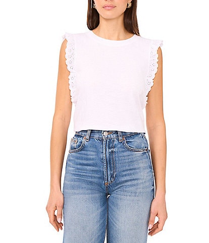 Vince Camuto Knit Crew Neck Ruffle Sleeve Eyelet Trim Tee