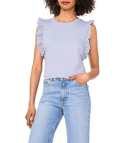 Vince Camuto Knit Crew Neck Ruffle Sleeve Eyelet Trim Tee